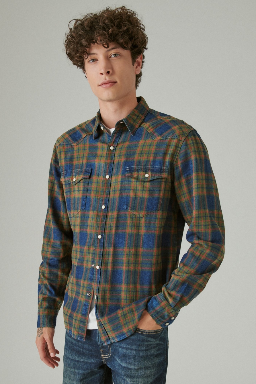 plaid indigo western long sleeve shirt